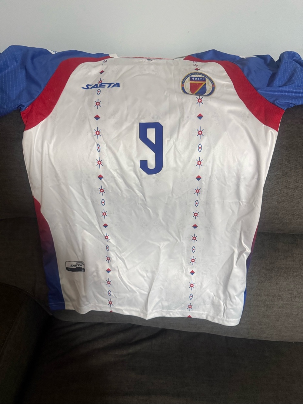 Haiti #9 Soccer Jersey in White, Blue & Red by Kappa-esque Brand